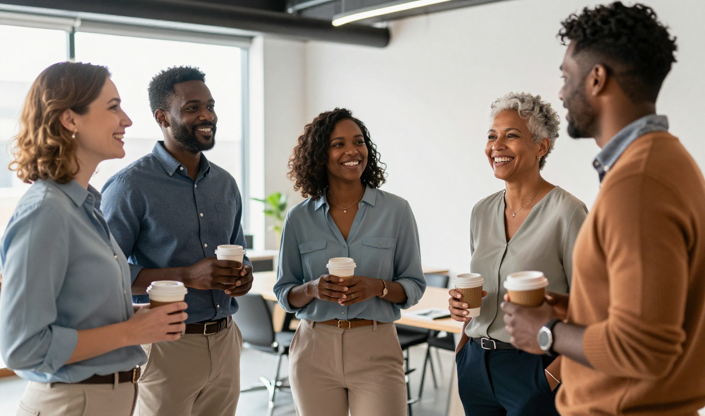 A diverse group of professionals of different ages laughing and connecting in a modern co-working space
