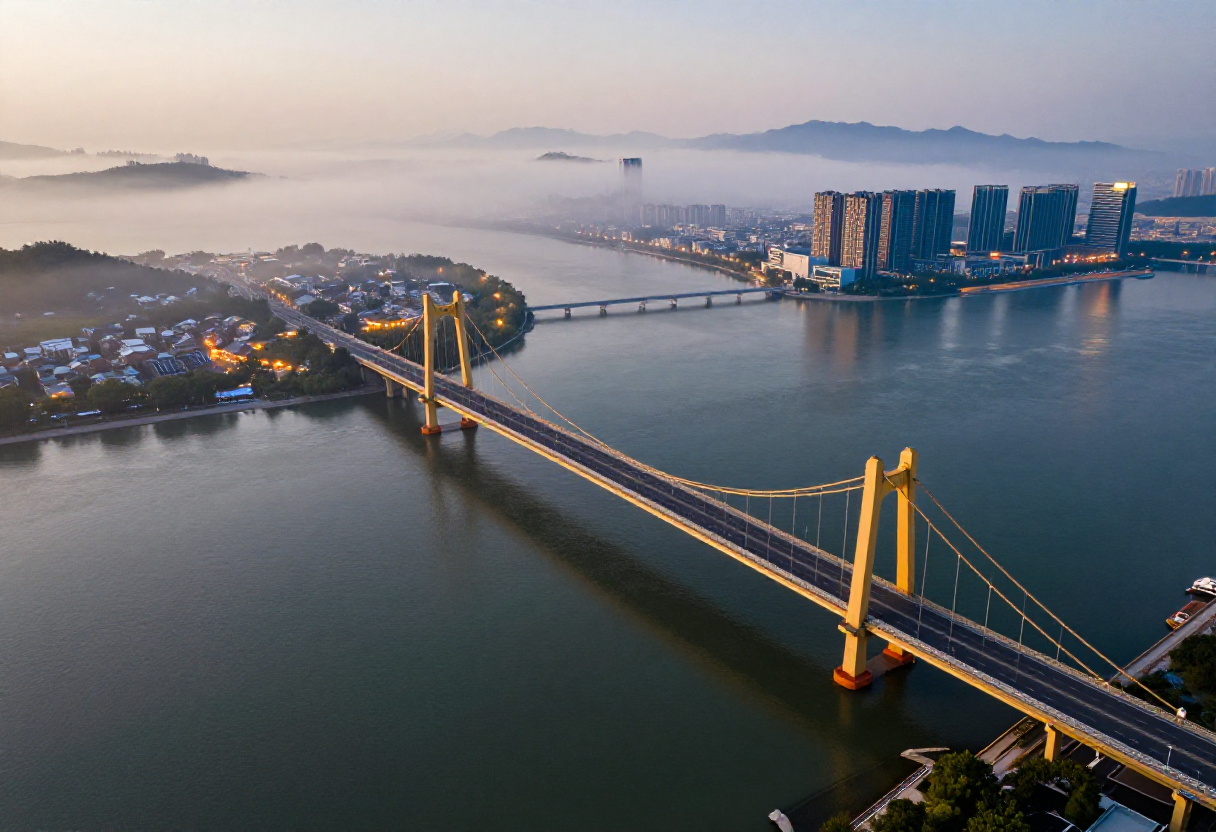 A golden bridge connecting two communities at dawn — symbolizing the gap between retired expertise and business need