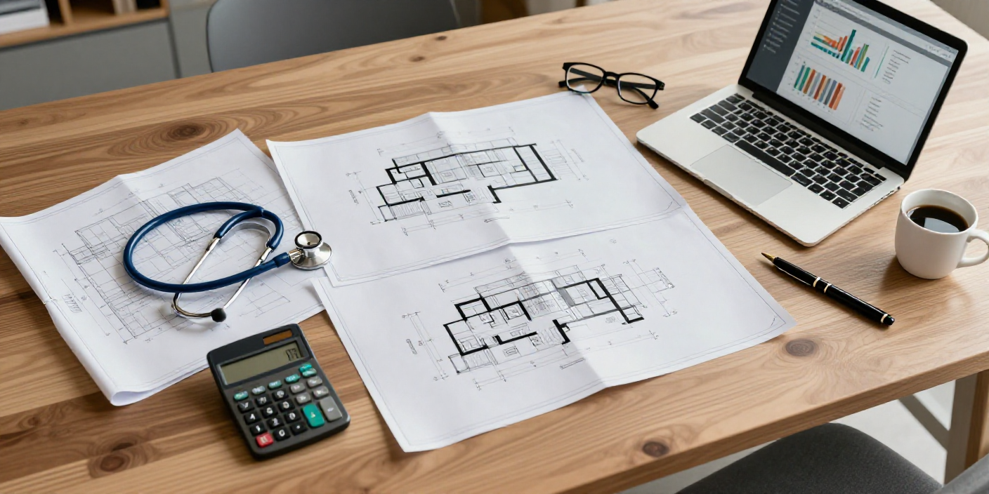 Bird's eye view of professional tools and documents on a wooden desk — representing diverse expertise areas