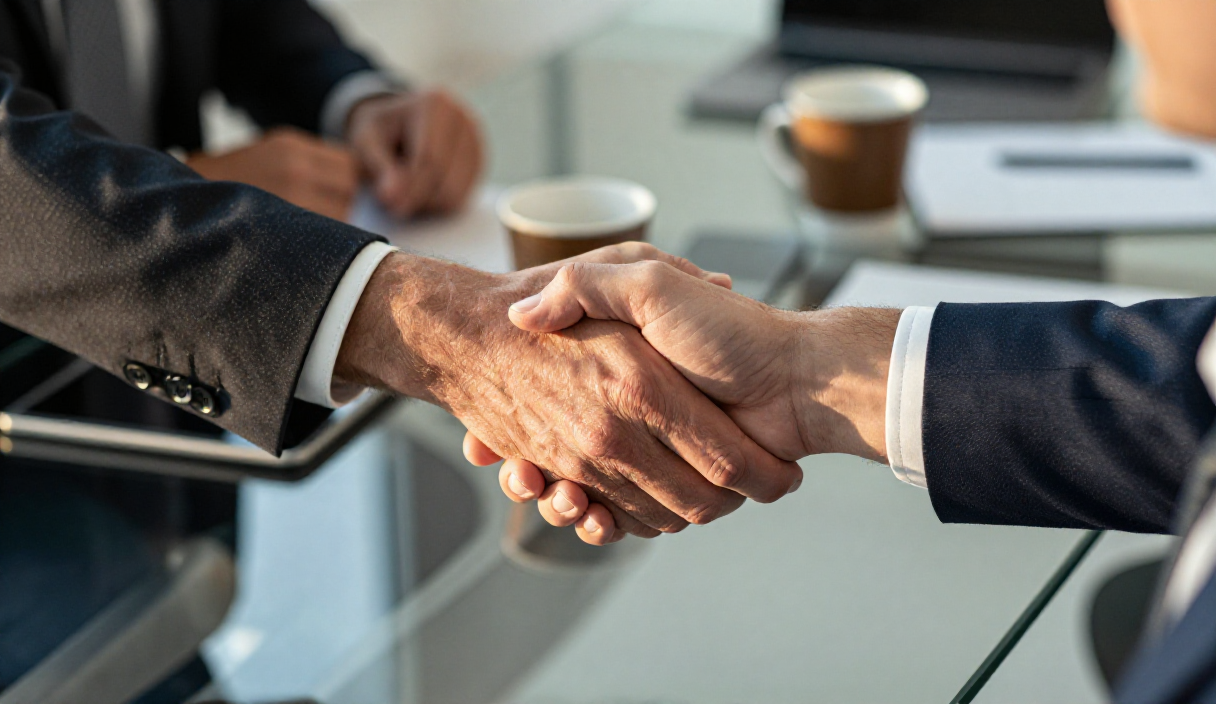 Two professionals shaking hands across a conference table — experience meeting opportunity